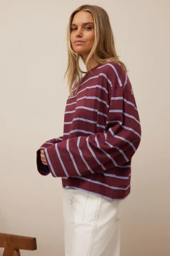 Ceres Life Beau Long Sleeve Slouchy Tee - Burgundy/Sky Blue