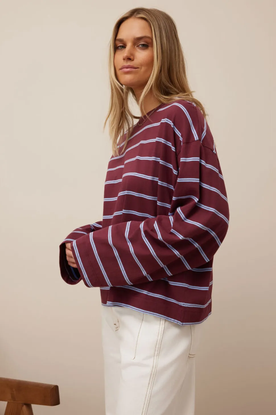 Ceres Life Beau Long Sleeve Slouchy Tee - Burgundy/Sky Blue