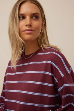 Ceres Life Beau Long Sleeve Slouchy Tee - Burgundy/Sky Blue