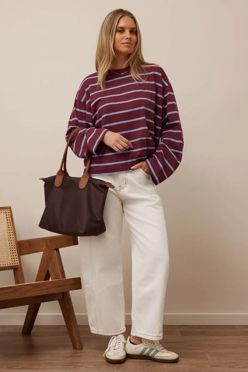 Ceres Life Beau Long Sleeve Slouchy Tee - Burgundy/Sky Blue