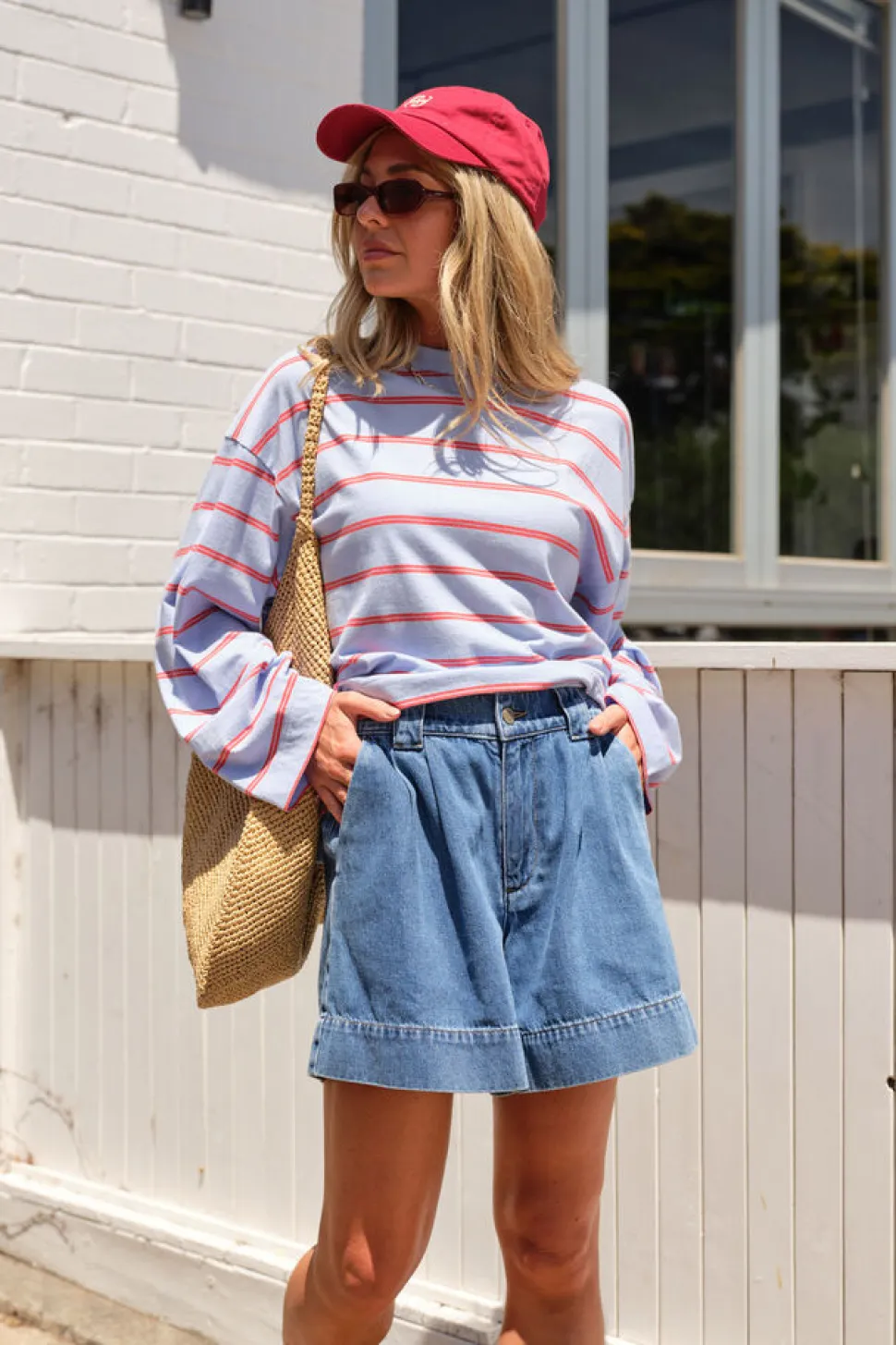 Ceres Life Beau Long Sleeve Slouchy Tee - China Blue/ Vintage Red Double Stripe