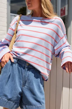 Ceres Life Beau Long Sleeve Slouchy Tee - China Blue/ Vintage Red Double Stripe