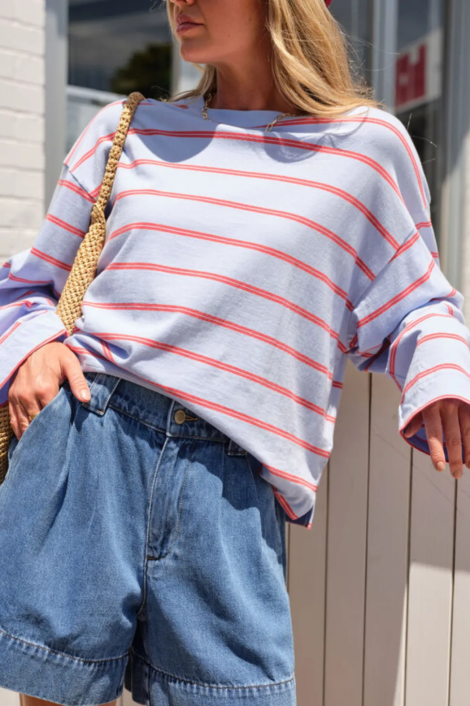 Ceres Life Beau Long Sleeve Slouchy Tee - China Blue/ Vintage Red Double Stripe