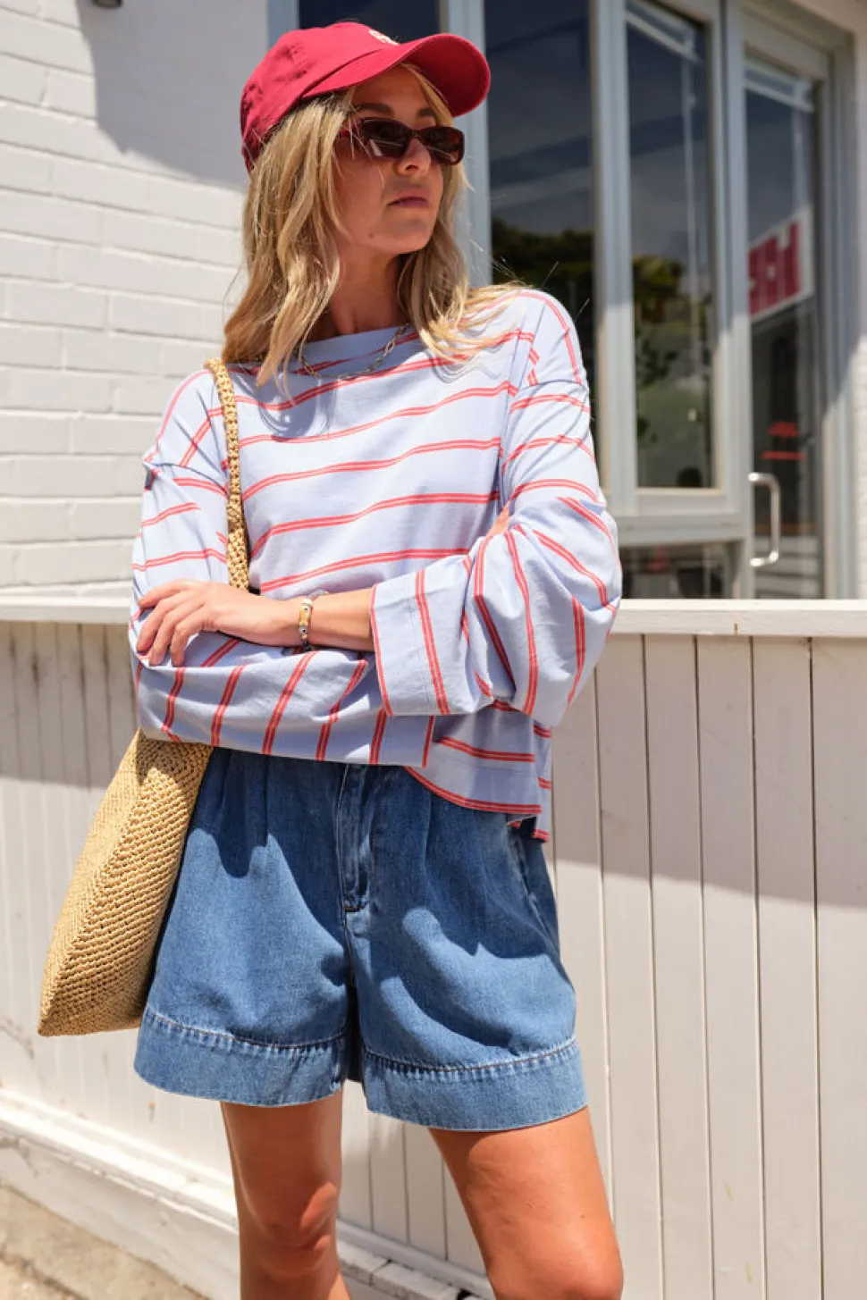 Ceres Life Beau Long Sleeve Slouchy Tee - China Blue/ Vintage Red Double Stripe