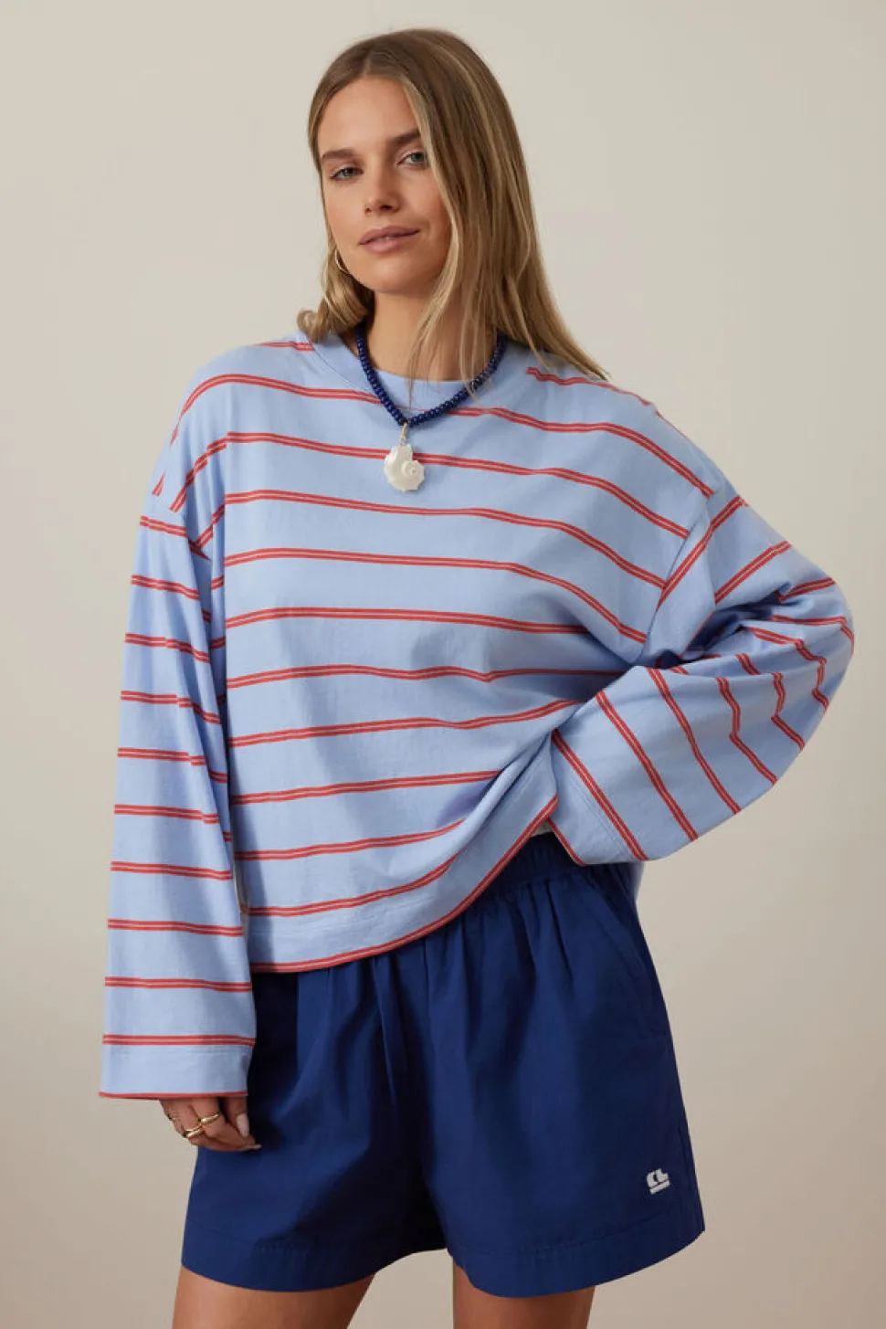 Ceres Life Beau Long Sleeve Slouchy Tee - China Blue/ Vintage Red Double Stripe