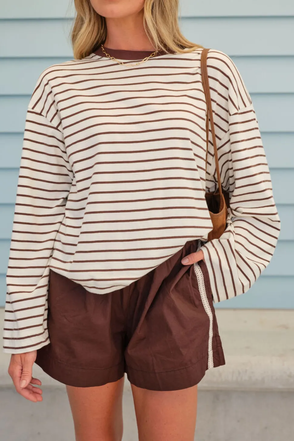 Ceres Life Beau Long Sleeve Slouchy Tee - Milk/ Brunette Brown Stripe
