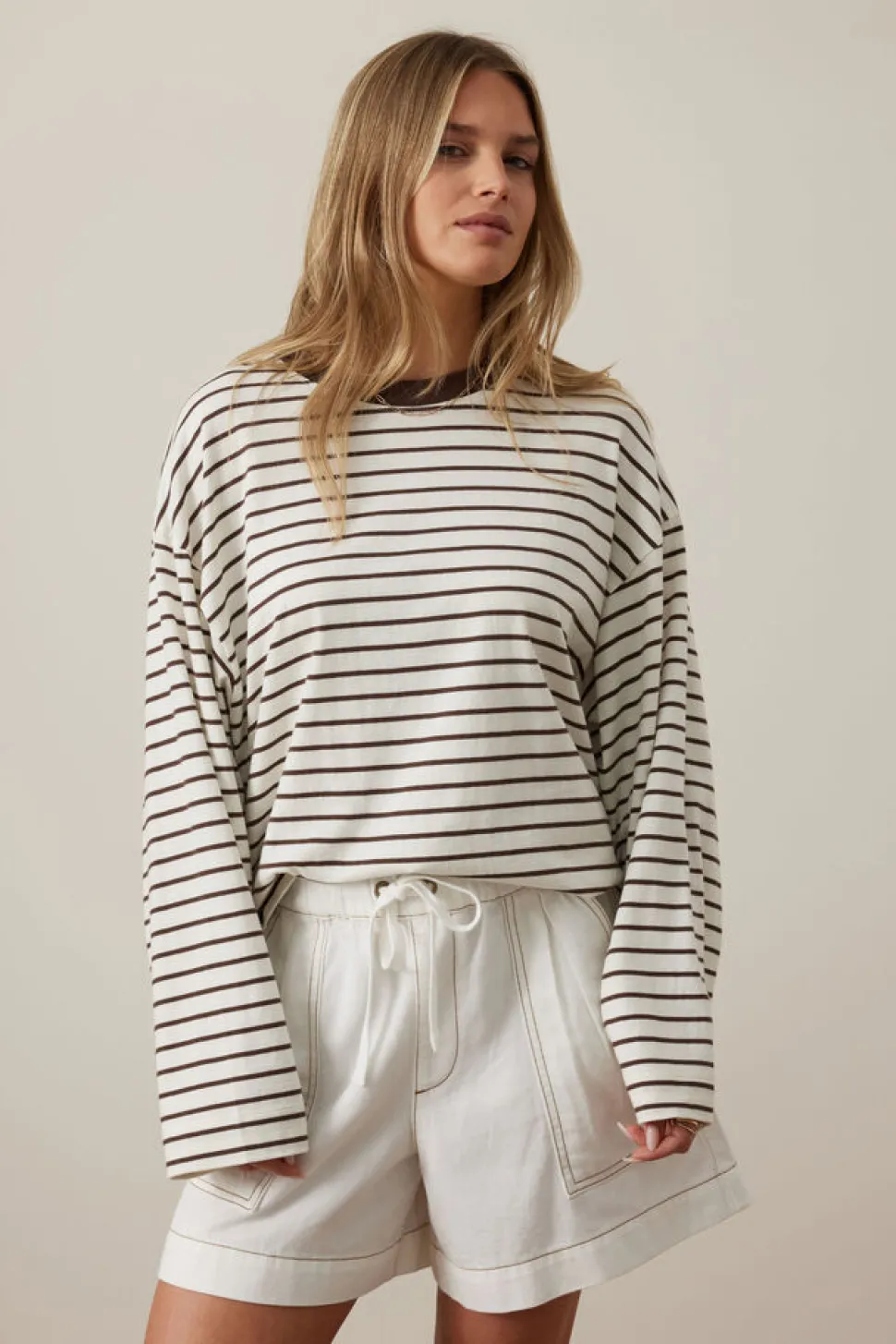 Ceres Life Beau Long Sleeve Slouchy Tee - Milk/ Brunette Brown Stripe