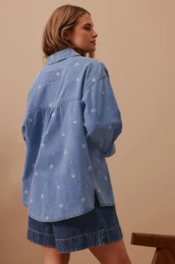Ceres Life Embroidered Denim Shirt - Vintage Blue Flower