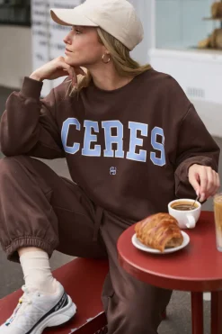 Ceres Life Isla Oversized Slouchy Crew - Brunette Brown Buff Sky Blue Heritage Logo