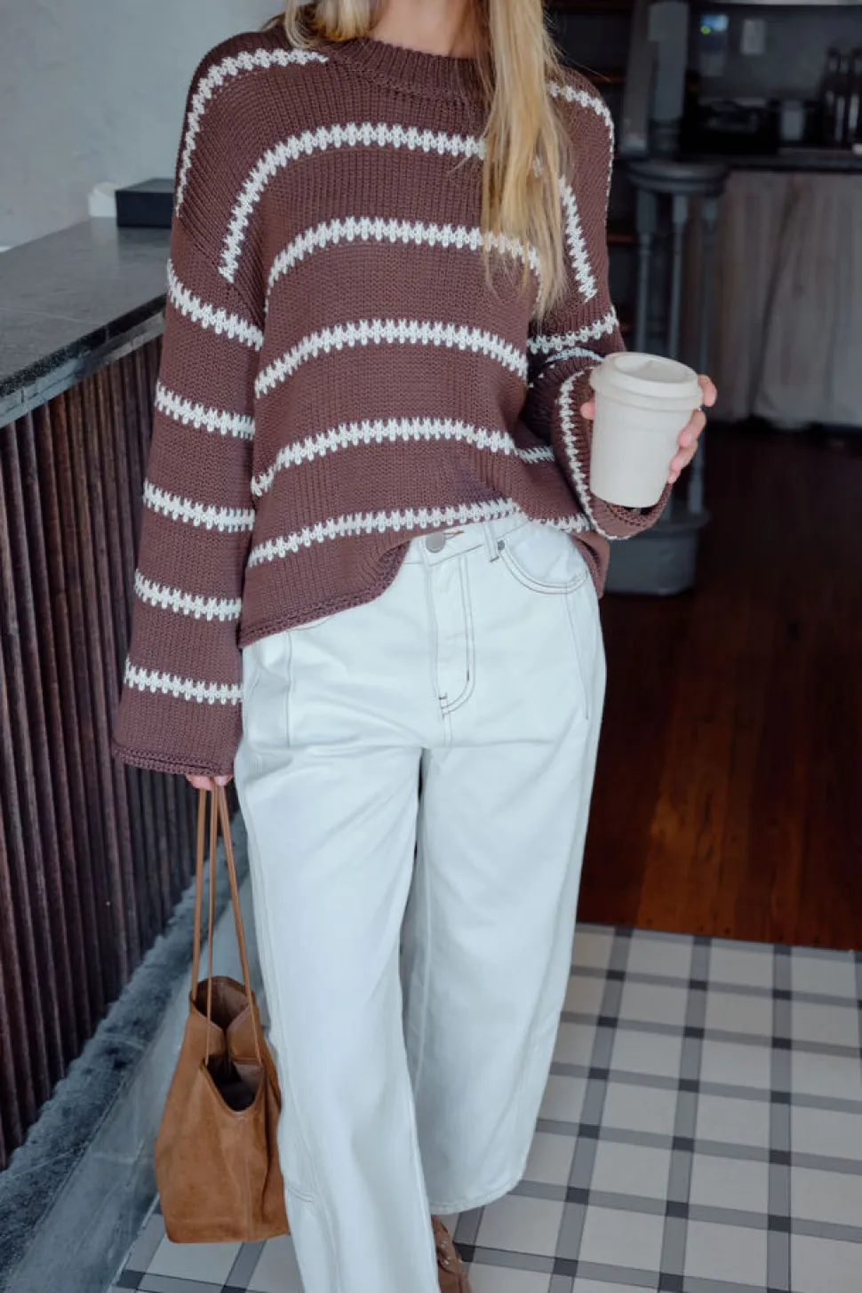 Ceres Life Lila Oversized Knit Crew - Chocolate Stripe