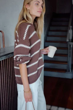 Ceres Life Lila Oversized Knit Crew - Chocolate Stripe