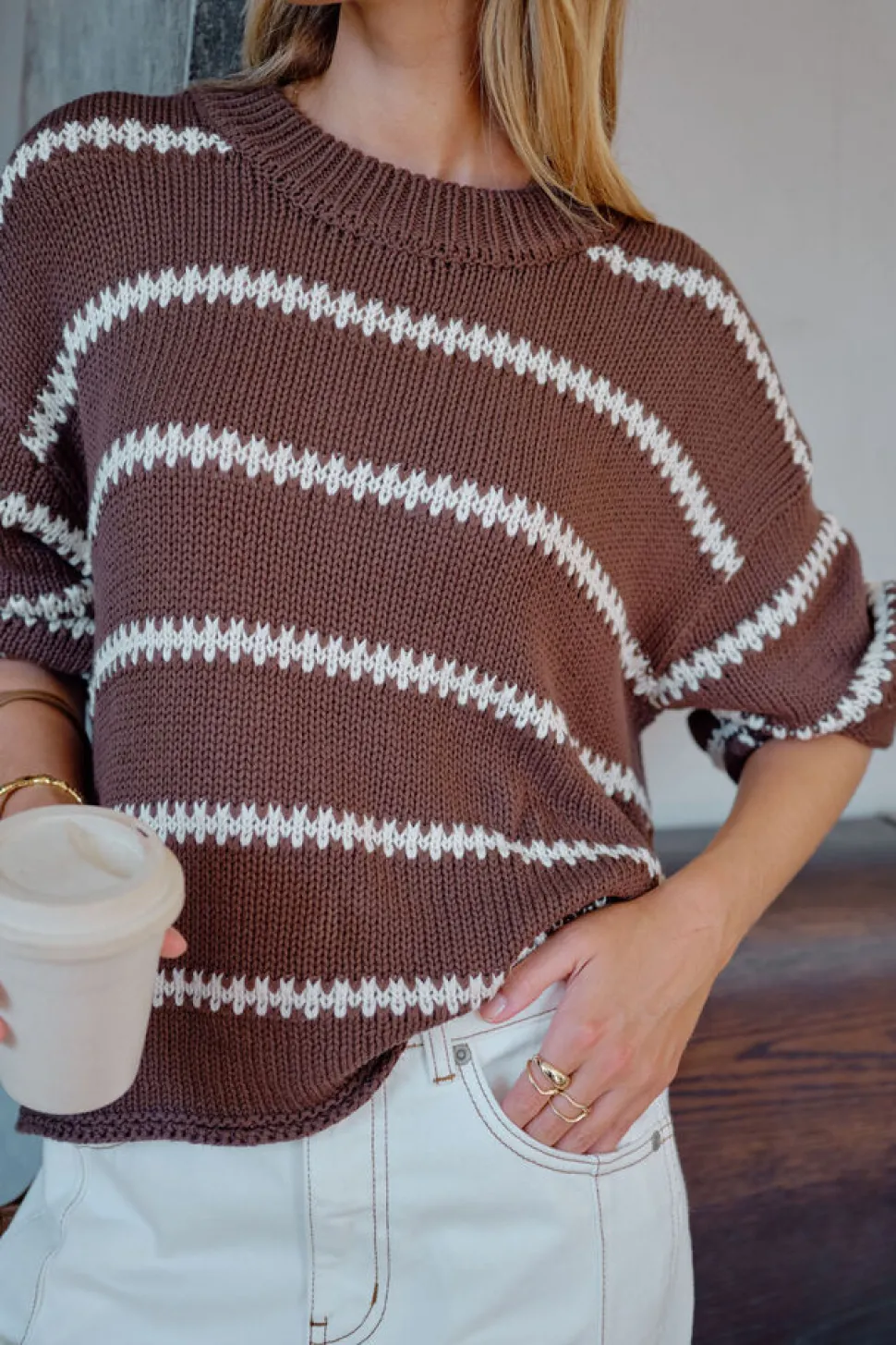Ceres Life Lila Oversized Knit Crew - Chocolate Stripe