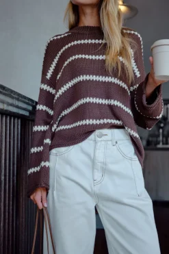 Ceres Life Lila Oversized Knit Crew - Chocolate Stripe