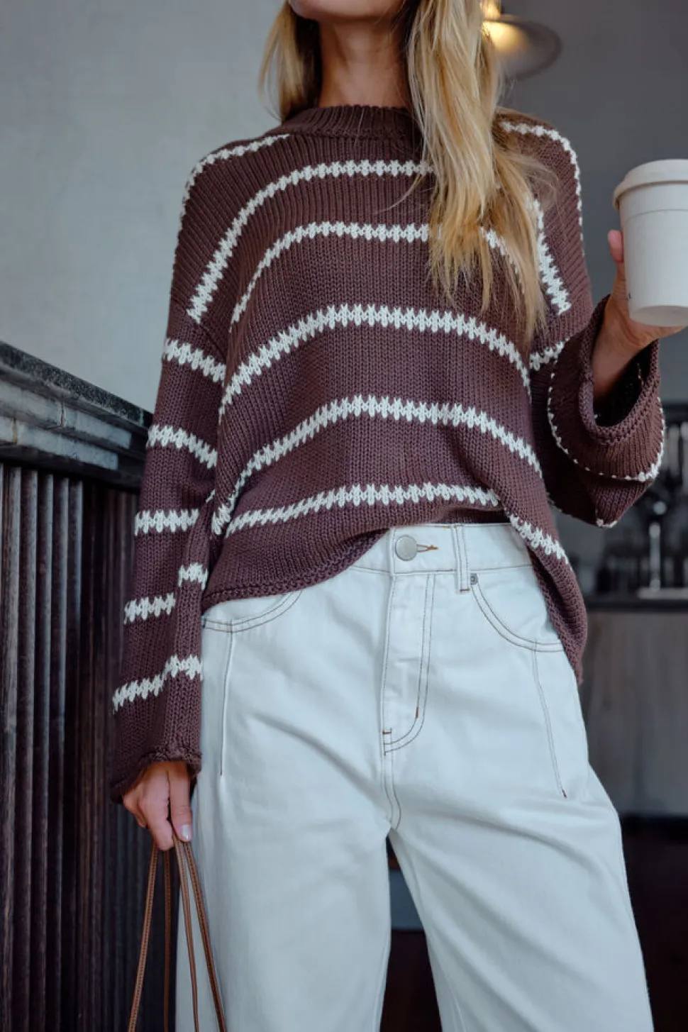 Ceres Life Lila Oversized Knit Crew - Chocolate Stripe