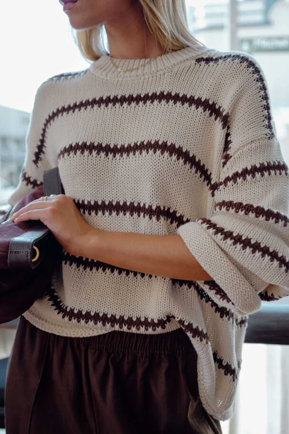 Ceres Life Lila Oversized Knit Crew - Ecru Stripe