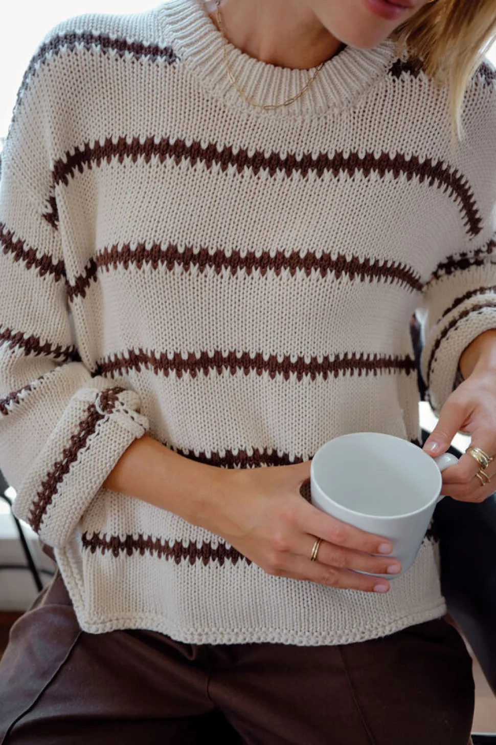 Ceres Life Lila Oversized Knit Crew - Ecru Stripe