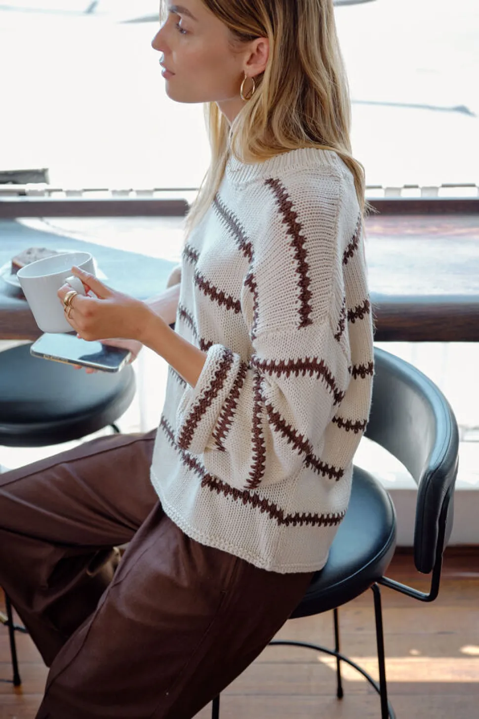 Ceres Life Lila Oversized Knit Crew - Ecru Stripe