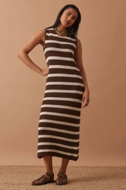Ceres Life Margot Mesh Knit Tank Midi Dress - Choc Stripe