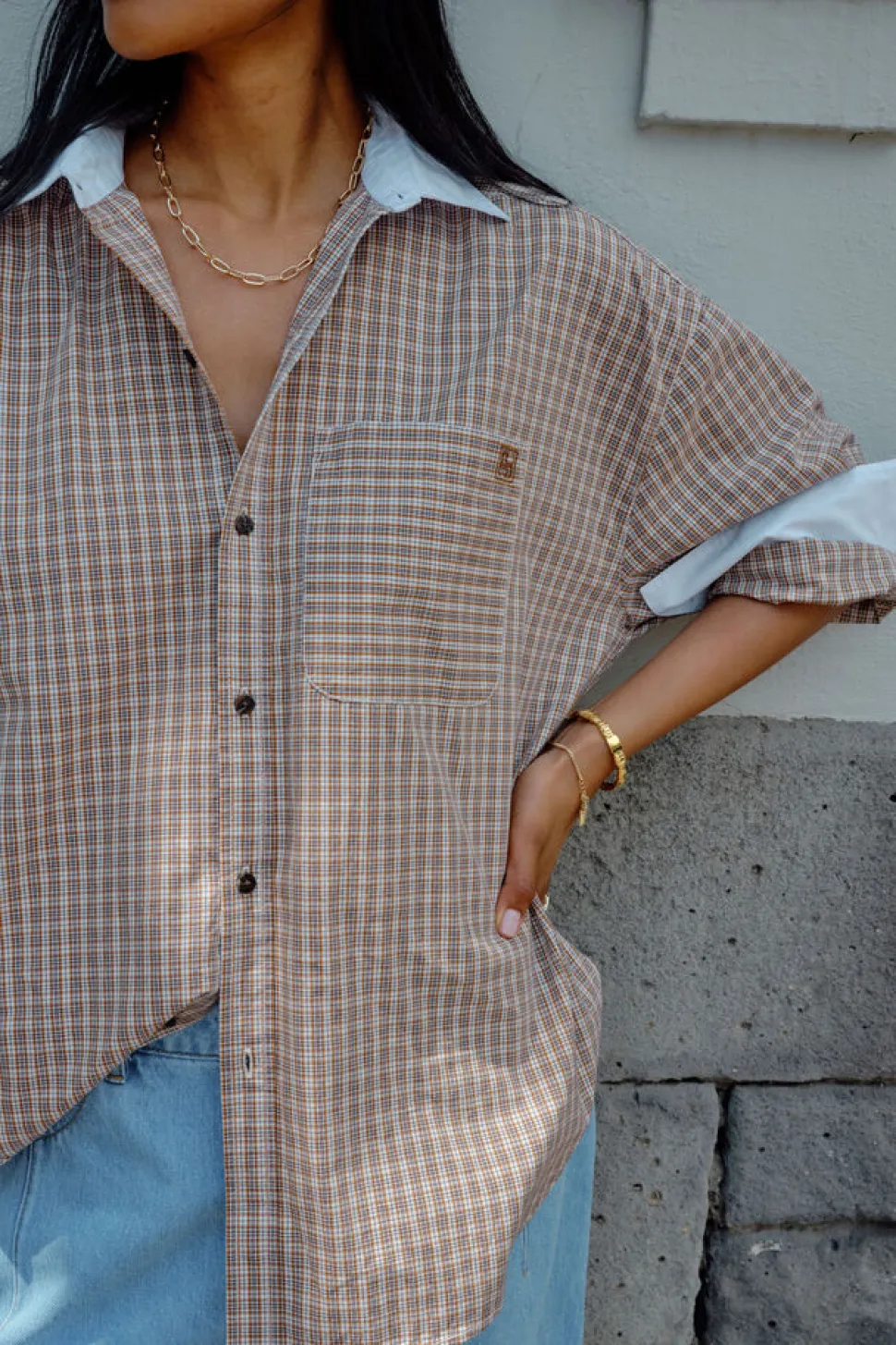 Ceres Life Peta Oversized Poplin Shirt - Toffee Check