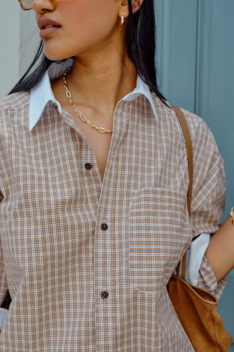 Ceres Life Peta Oversized Poplin Shirt - Toffee Check