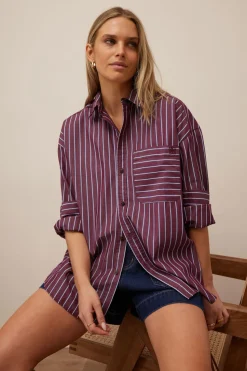 Ceres Life Peta Oversized Poplin Shirt - Burgundy Washed Navy Stripe