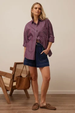 Ceres Life Peta Oversized Poplin Shirt - Burgundy Washed Navy Stripe