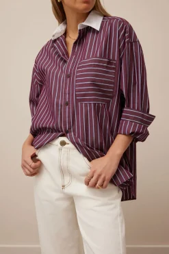 Ceres Life Peta Oversized Poplin Shirt - Burgundy Washed Navy Stripe White Collar