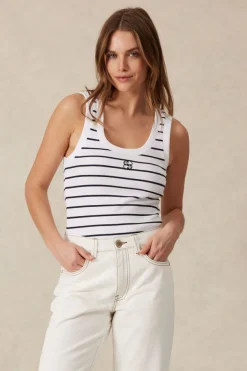 Ceres Life Zoe Contour Rib Scoop Tank - White/New Navy Monogram Embroidery