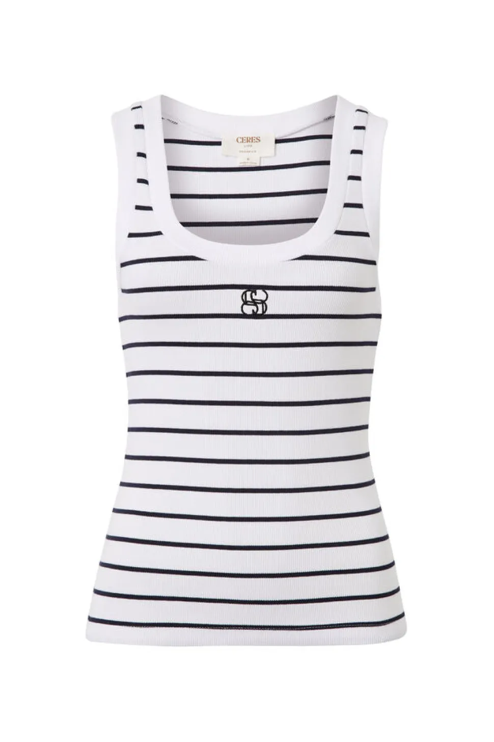 Ceres Life Zoe Contour Rib Scoop Tank - White/New Navy Monogram Embroidery