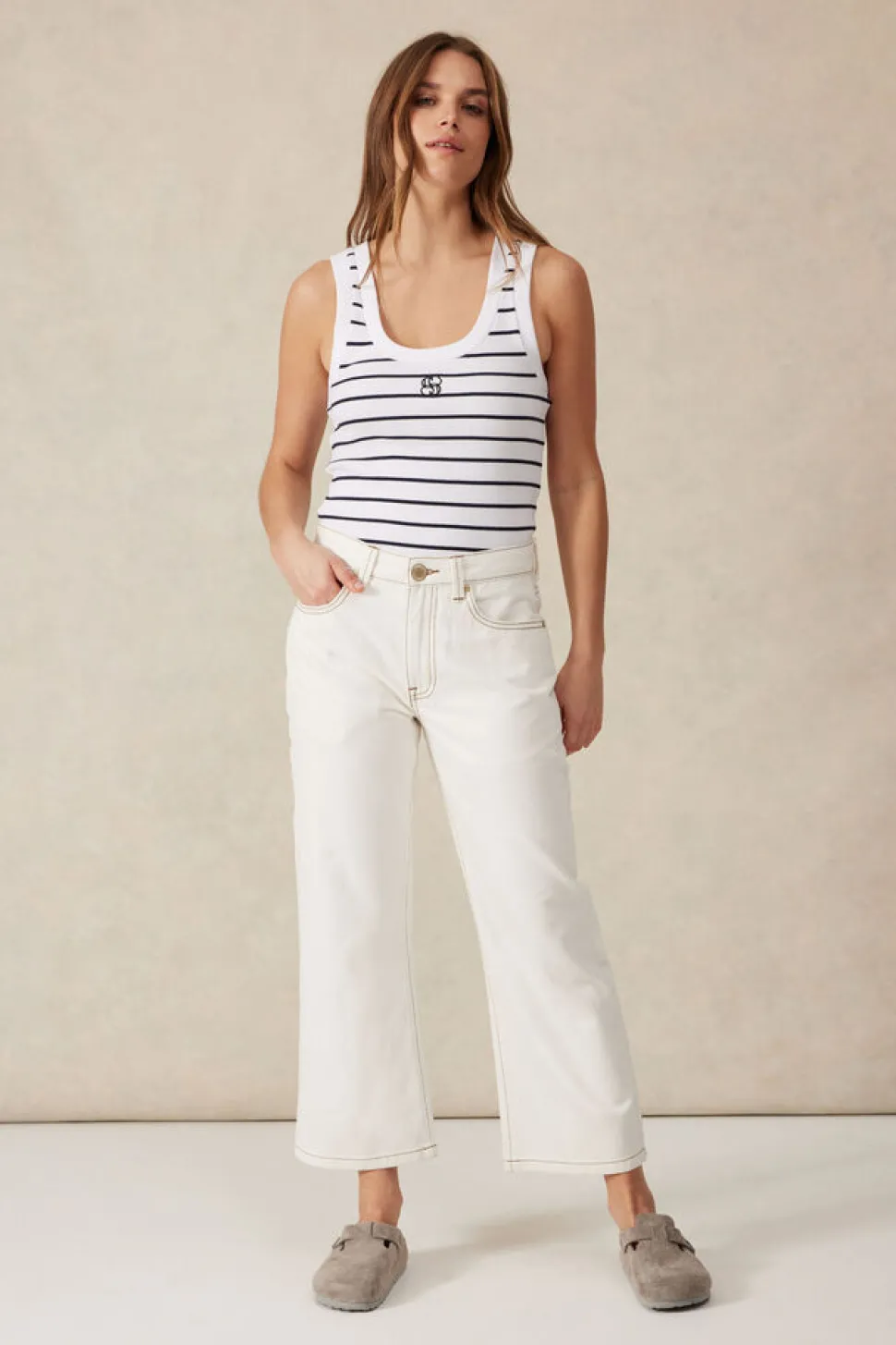 Ceres Life Zoe Contour Rib Scoop Tank - White/New Navy Monogram Embroidery
