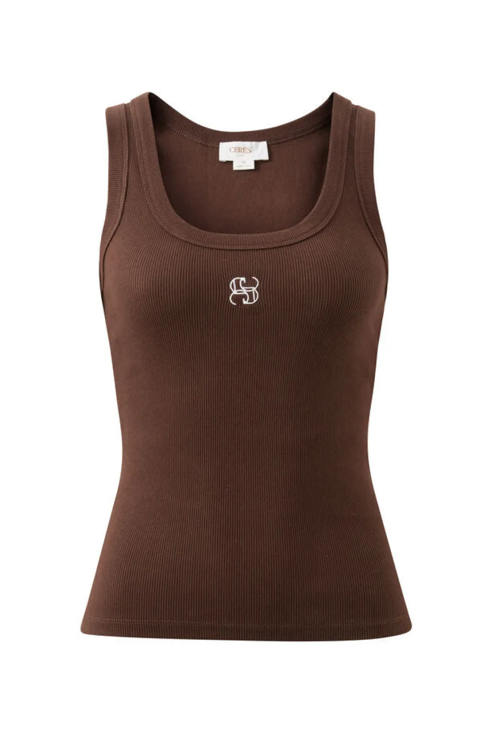 Ceres Life Zoe Contour Rib Scoop Tank - Chocolate Monogram Embroidery
