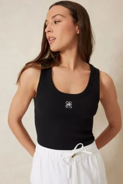 Ceres Life Zoe Contour Rib Scoop Tank - Black/White Monogram Embroidery