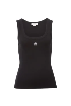 Ceres Life Zoe Contour Rib Scoop Tank - Black/White Monogram Embroidery