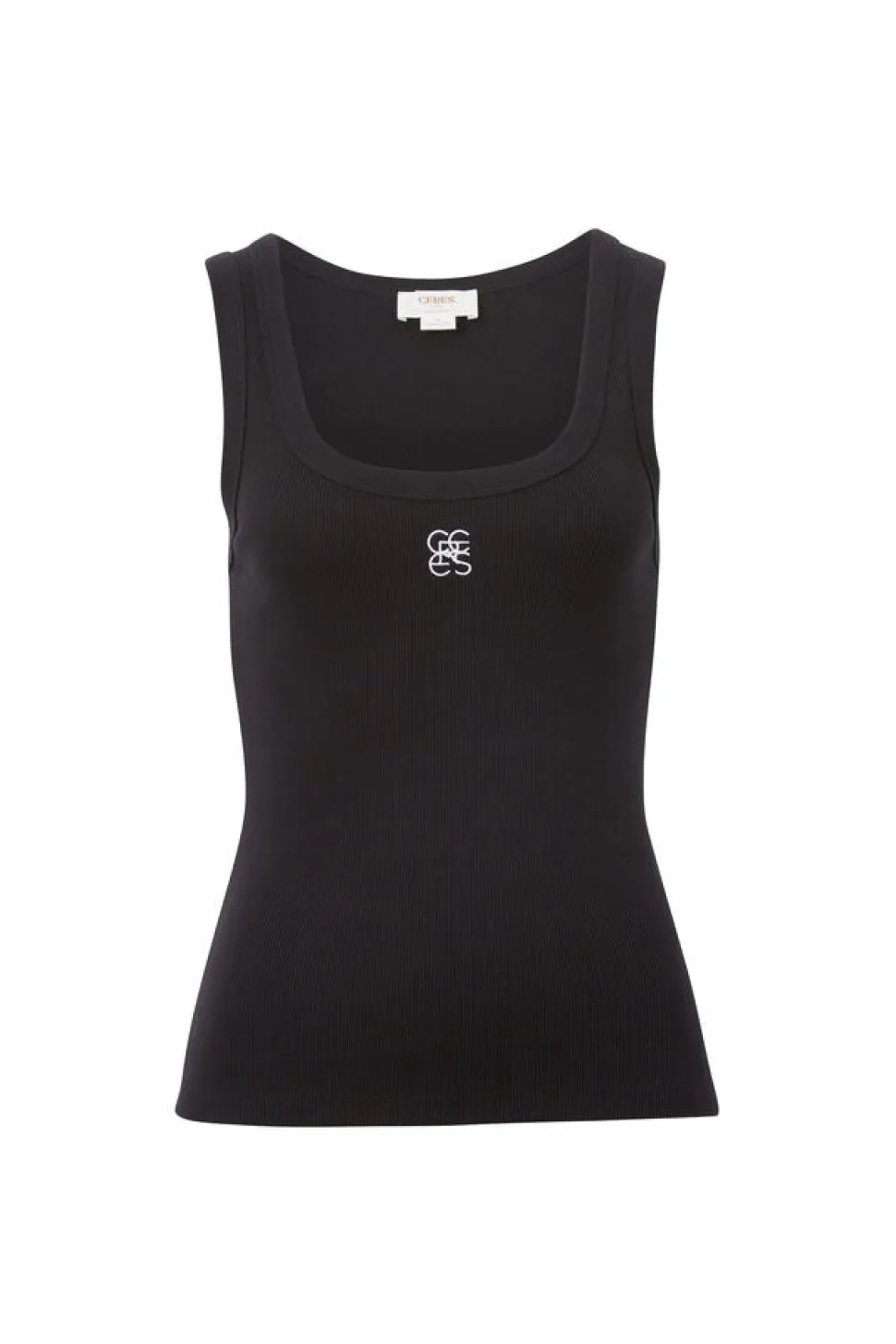 Ceres Life Zoe Contour Rib Scoop Tank - Black/White Monogram Embroidery
