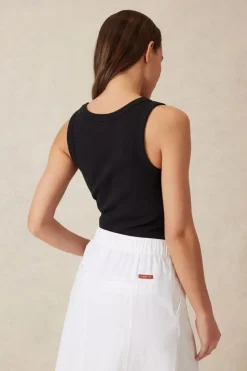 Ceres Life Zoe Contour Rib Scoop Tank - Black/White Monogram Embroidery