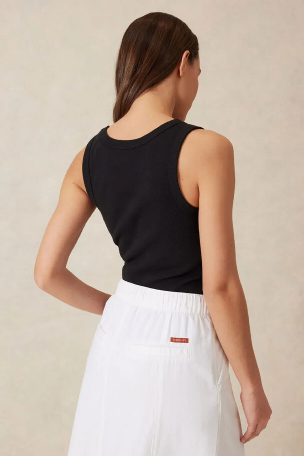 Ceres Life Zoe Contour Rib Scoop Tank - Black/White Monogram Embroidery