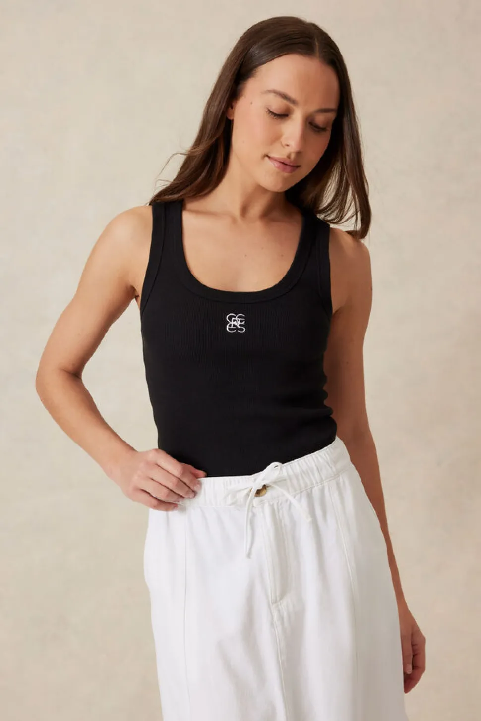 Ceres Life Zoe Contour Rib Scoop Tank - Black/White Monogram Embroidery