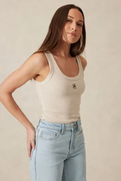 Ceres Life Zoe Contour Rib Scoop Tank - Oatmeal/Black Monogram Embroidery