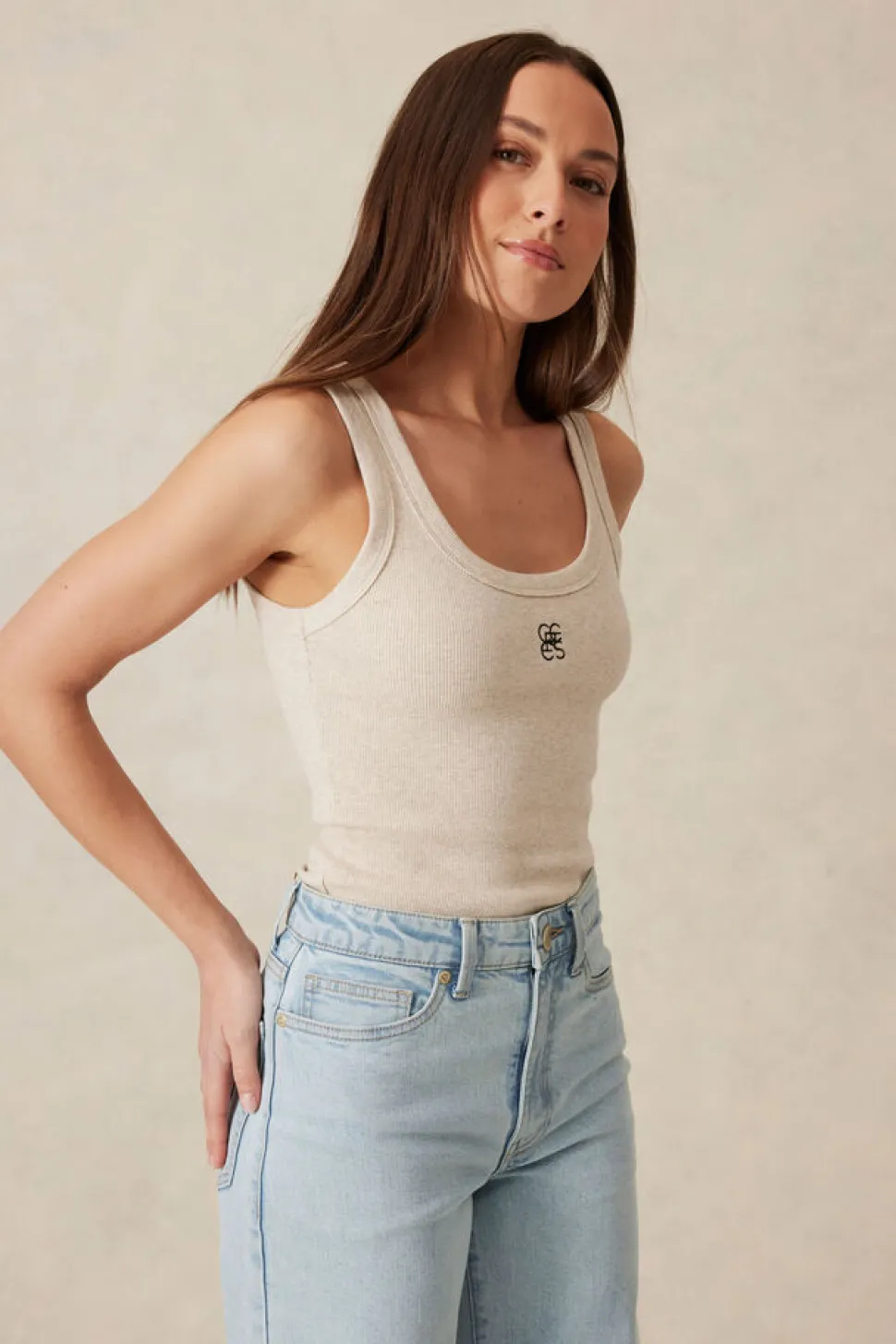 Ceres Life Zoe Contour Rib Scoop Tank - Oatmeal/Black Monogram Embroidery