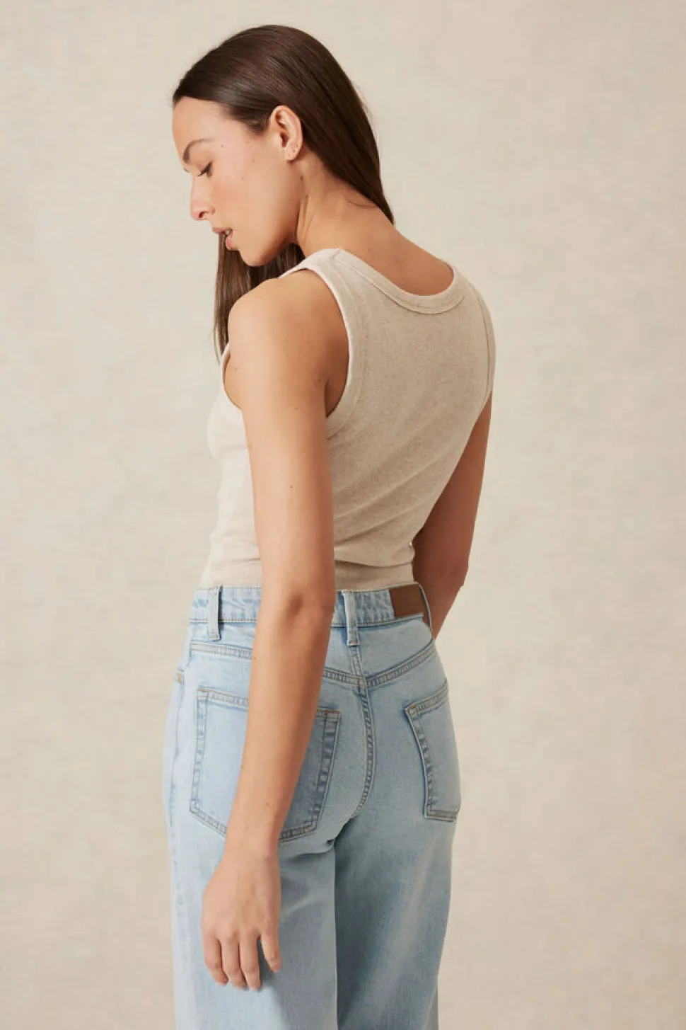 Ceres Life Zoe Contour Rib Scoop Tank - Oatmeal/Black Monogram Embroidery