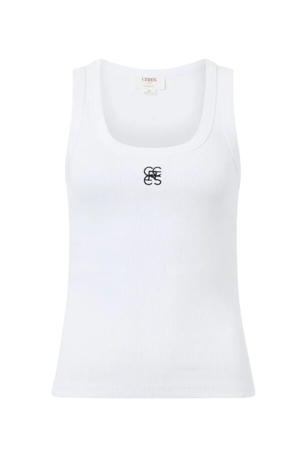 Ceres Life Zoe Contour Rib Scoop Tank - White/Black Monogram Embroidery
