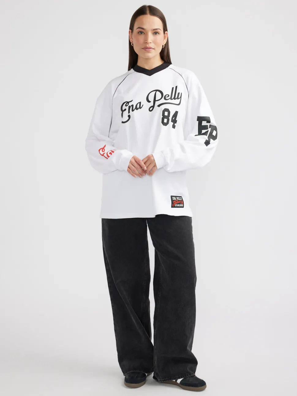 Ena Pelly Script Jersey Long Sleeve Tee - White