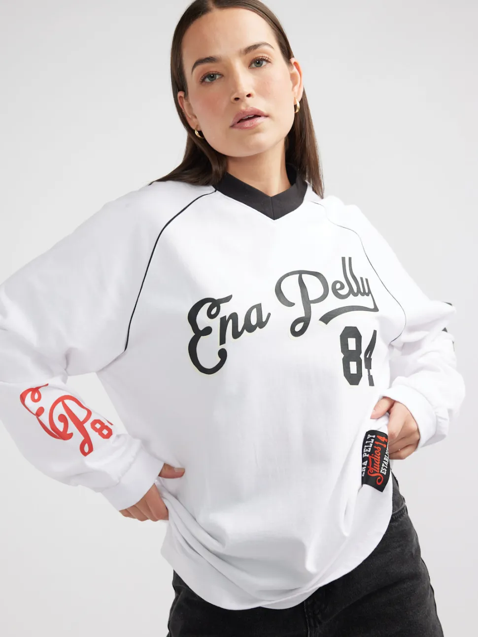 Ena Pelly Script Jersey Long Sleeve Tee - White