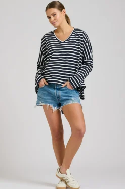 Est 1971 Breton Cotton Long Sleeve Top - French Navy & White