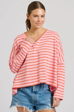 Est 1971 Breton Cotton Long Sleeve Top - Melon & Pink