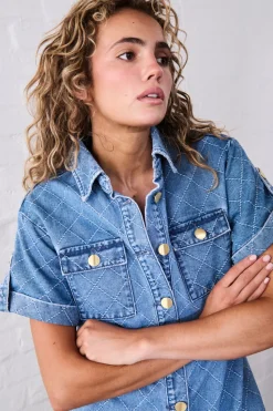 Kireina Simone Dress - Check Stitch 70's Blue