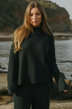 Talamaya Harmony Merino Cotton Mock Neck Pullover - Pine