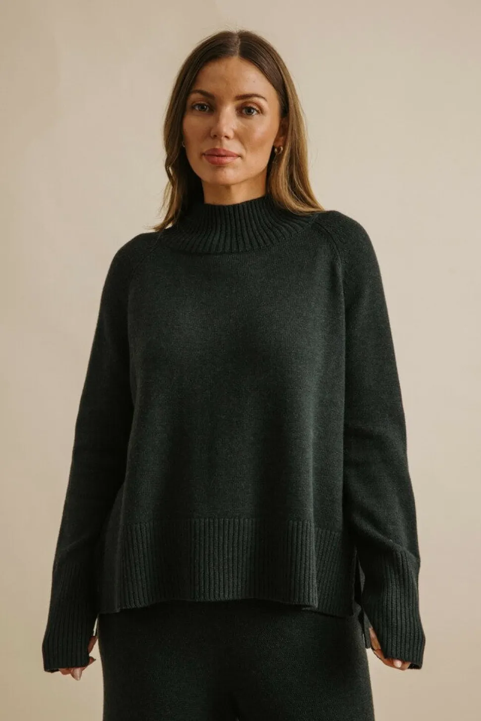 Talamaya Harmony Merino Cotton Mock Neck Pullover - Pine